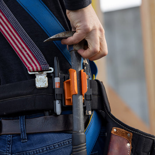 Hammer Clip Medium - Hammer Holder being used on a framers tool belt